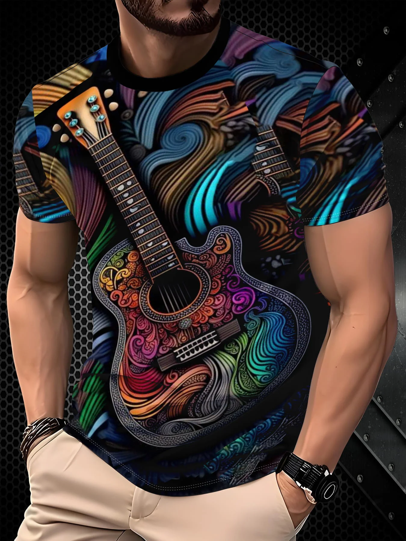 Men Colorful Swirl Abstract Acoustic Guitar Full Print Black Trim Crew Neck Short Sleeve Tee