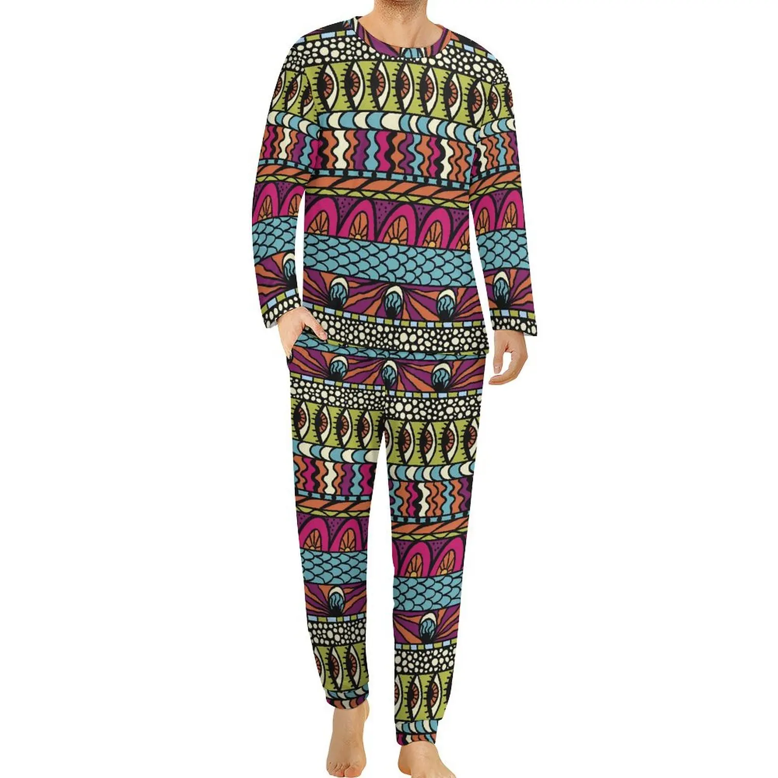 Geometric Shape Pajamas Winter Two Piece  Warm Pajamas Set Man Long Sleeve Room Graphic Nightwear Big Size 4XL 5XL