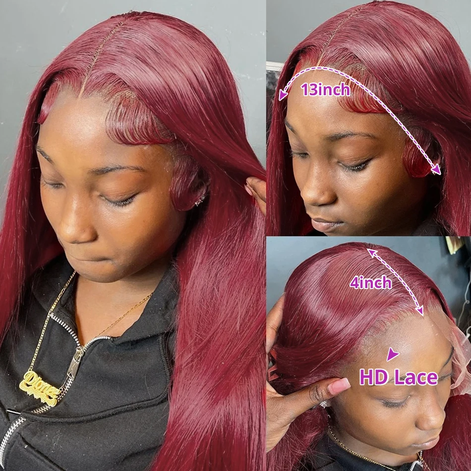 99J Burgundy 13x6 250 Density Lace Frontal peruki Ludzkie włosy 30 40 cali Lace Front Wig HD Przezroczyste czerwone kolorowe peruki dla kobiet