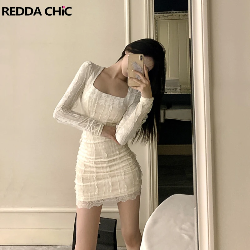 ReddaChic Textured White Women Bodycon Dress Long Sleeve Square Neck Ruched Mini Bodycon Dress One-piece Party Sexy Fall Clothes