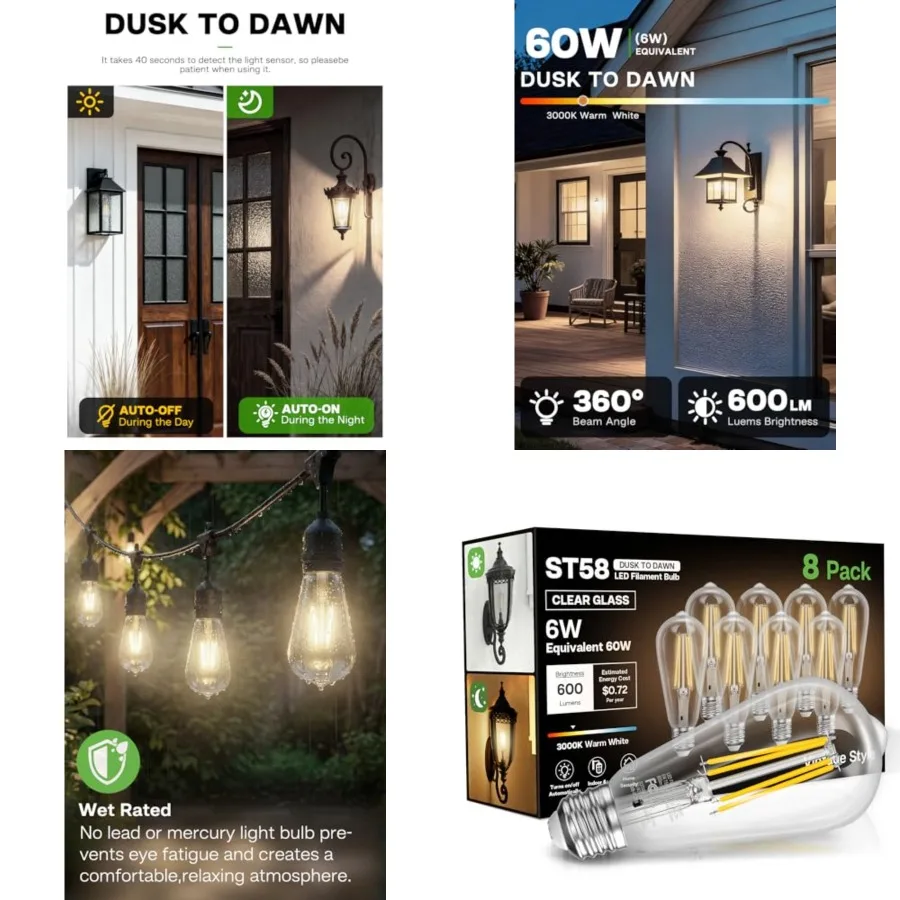 

Dusk to Dawn Light Bulbs, 6W Equivalent 60W, 3000K, E26 Base, Light Sensing, ST58 Vintage Style, 600LM, Outdoor Edison Bulbs, A