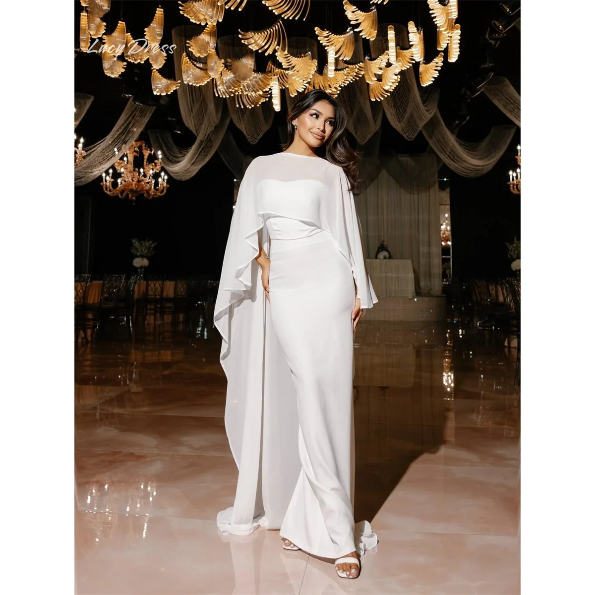Lucy White Wedding Dress Straight Boat Neck Long Sleeve Detachable Cape Overlay Ruched Natural Draped Floor Length Customized