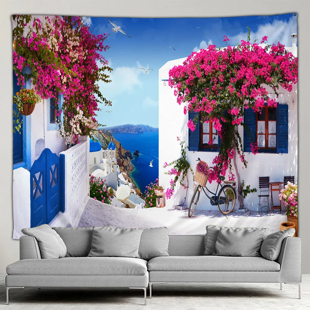 Greece Town Hippie Tapestry Spring Flower Street Tapestry Home Courtyard Patio Wall Hanging Art Living Room Mural Tapestry