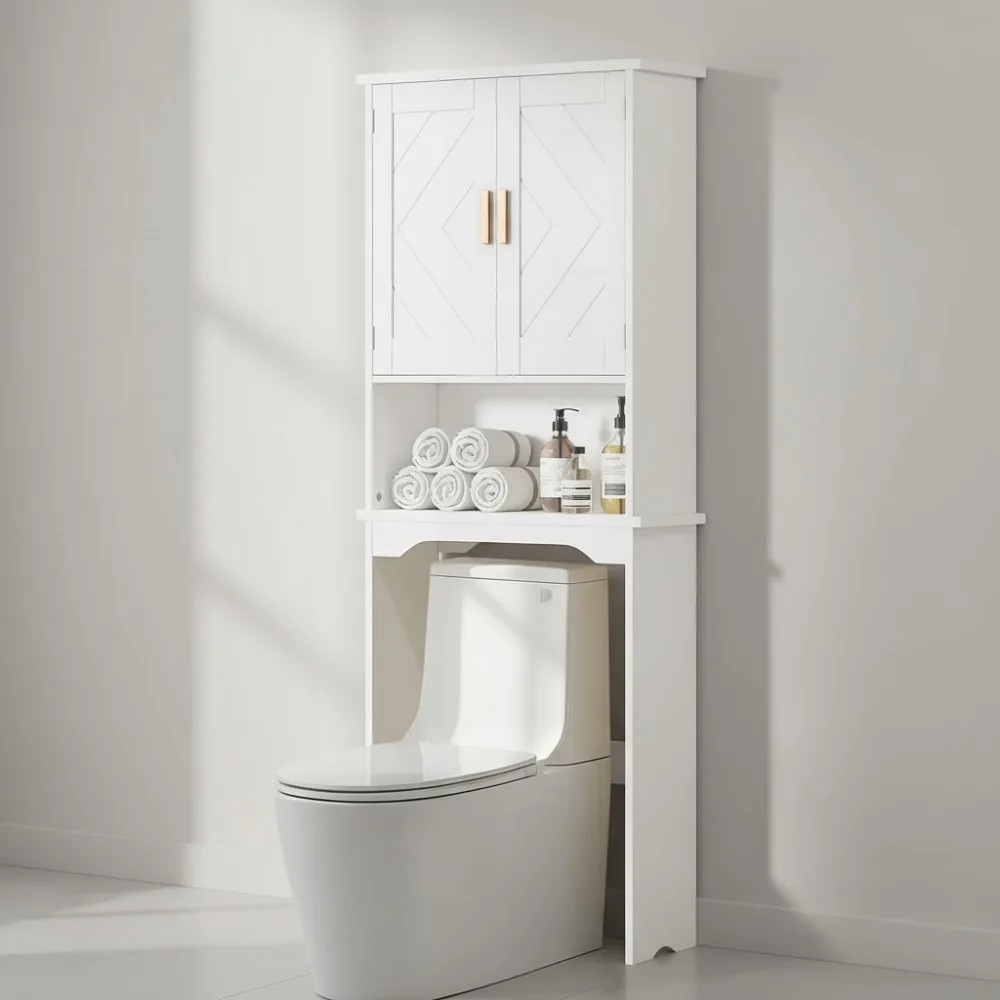 

Шкаф для хранения над унитазом с двойными дверцами, регулируемой полкой, устройство с защитой от опрокидывания для небольшой организации ванной комнаты