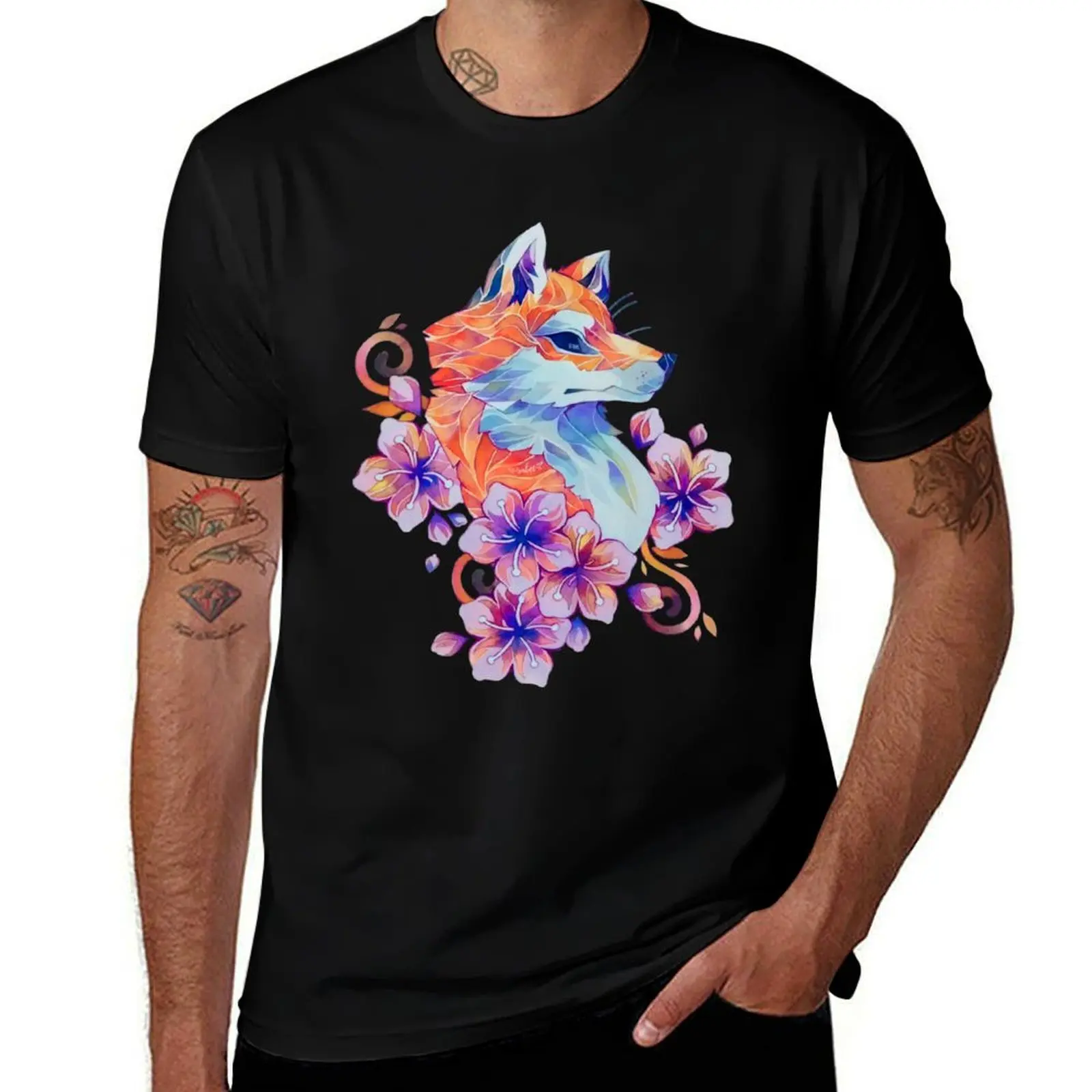 

Watercolor Fox with Flowers T-Shirt man graphic t shirt t shirt for man 100 percent cotton T-Shirt