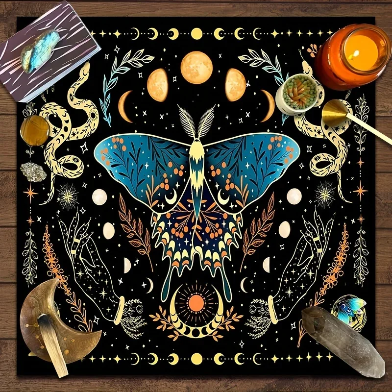 Phantom Butterfly Mystery Tablecloth Tarot Blue Butterfly Wings Moonlight Snake Print Waterproof Stain Resistant Metaphysical