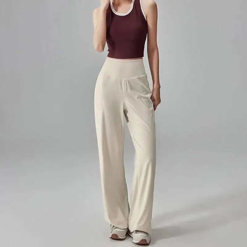 مرونة عالية الخصر واسعة الساق اليوغا السراويل النساء مثير الورك رفع رياضة بيلاتيس تجريب بانت بلون سليم مستقيم بنطلون رياضي #5