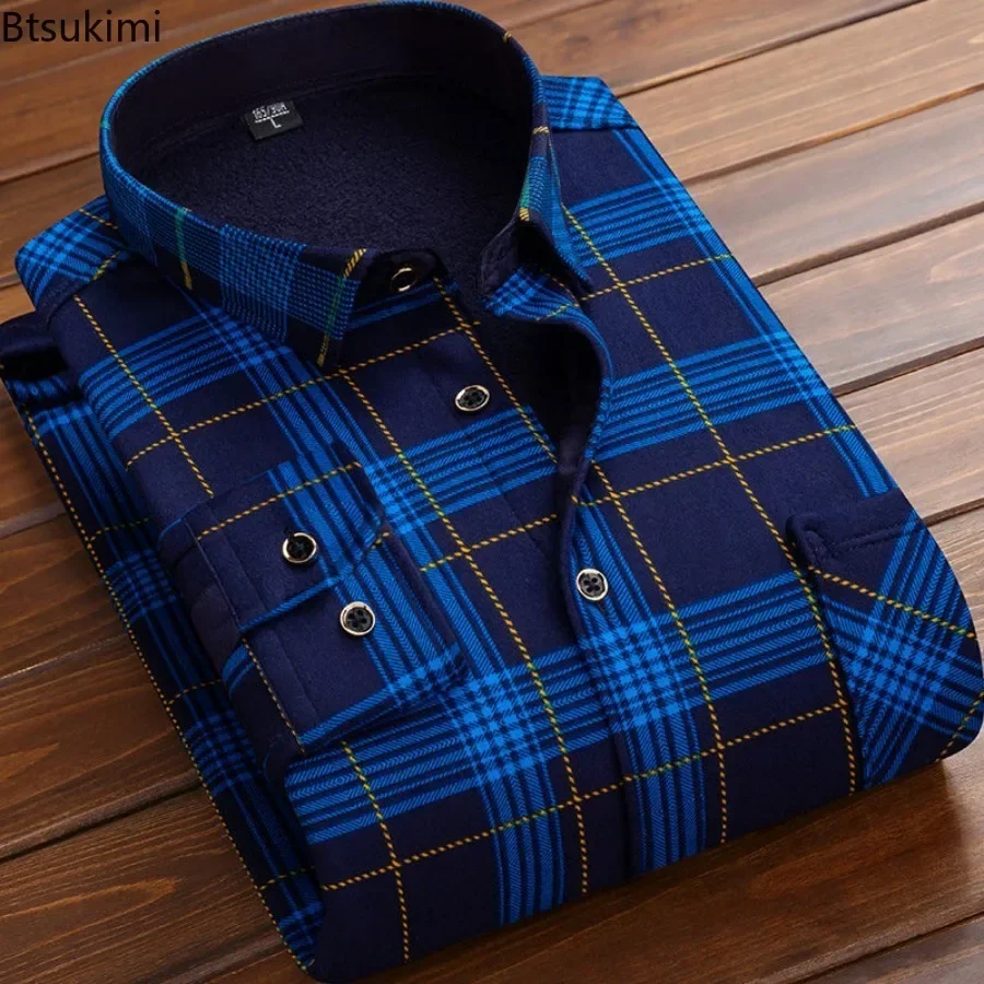 2024 Men\'s Casual Thick Warm Plaid Long Sleeve Shirts Autumn Winter Fashion Shirt for Men Formal Business Office Shirts Camisas