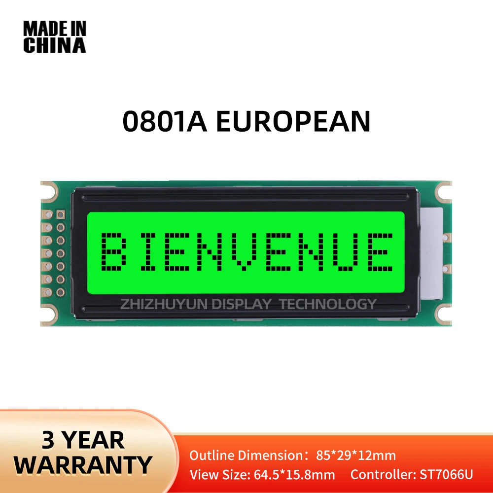유럽 문자 LCD 모듈 디스플레이, 그린 라이트, 블랙 텍스트, LCM LED 백라이트, 다국어 모듈, 0801A