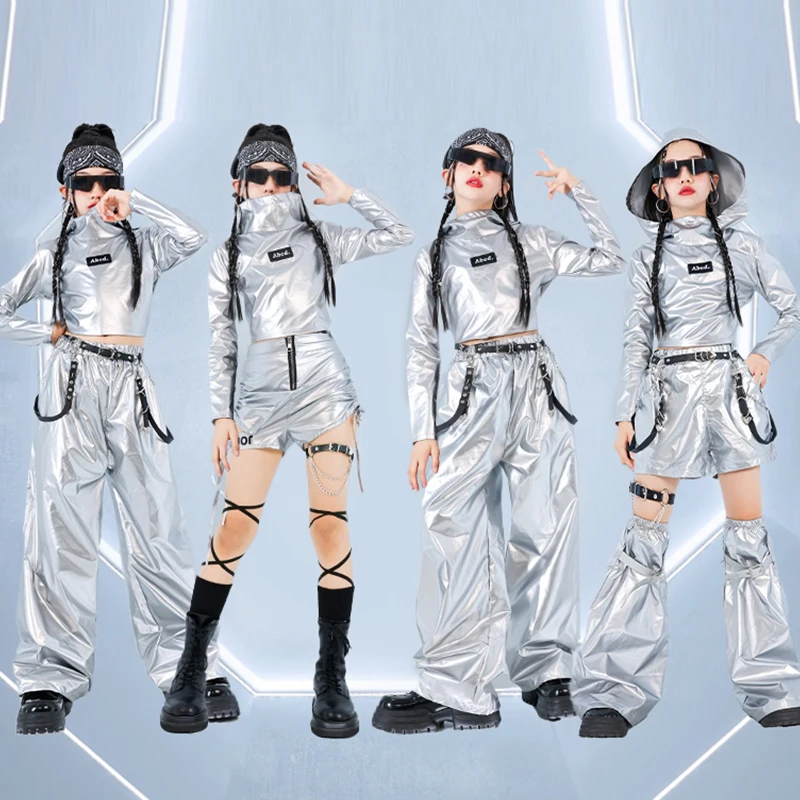 Silber Jazz Dance Anzug Mädchen Mode Street Dance Kostüm Kinder Kpop Bühne Outfit Kinder Hip Hop Kleidung Tops Shuffle Pants1051