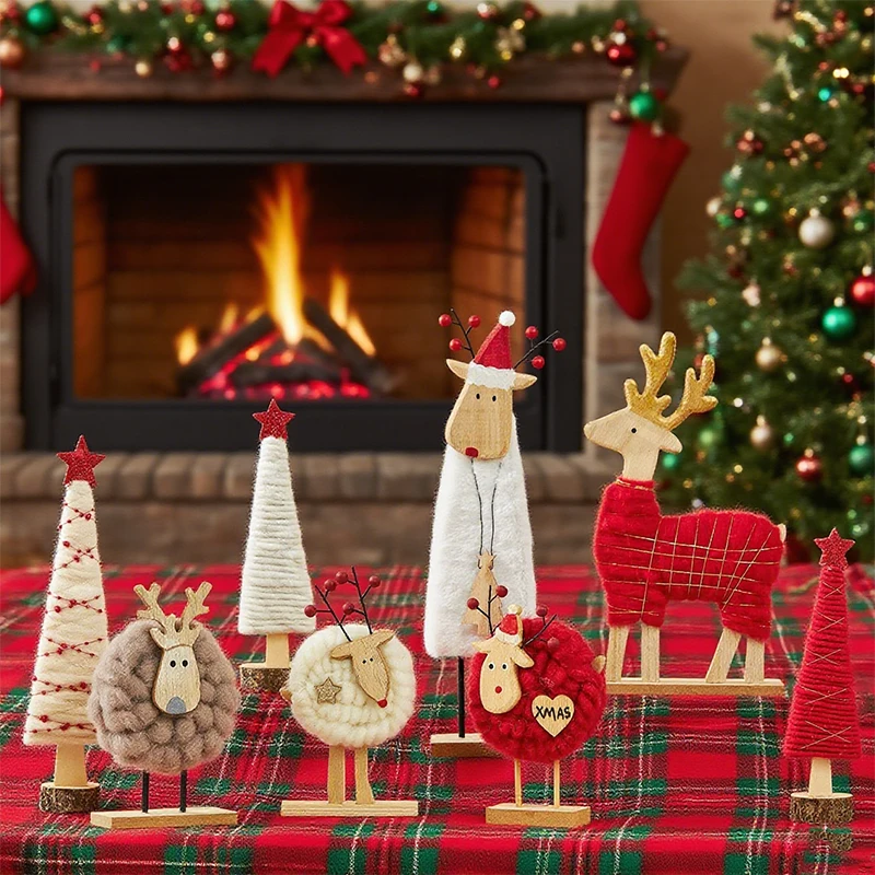 

Handmade Wool Felt Xmas Ornaments Nordic Santa Elk Reindeer Snowman Doll Wooden Desk Decor for Christmas Tree Home Festive Gift