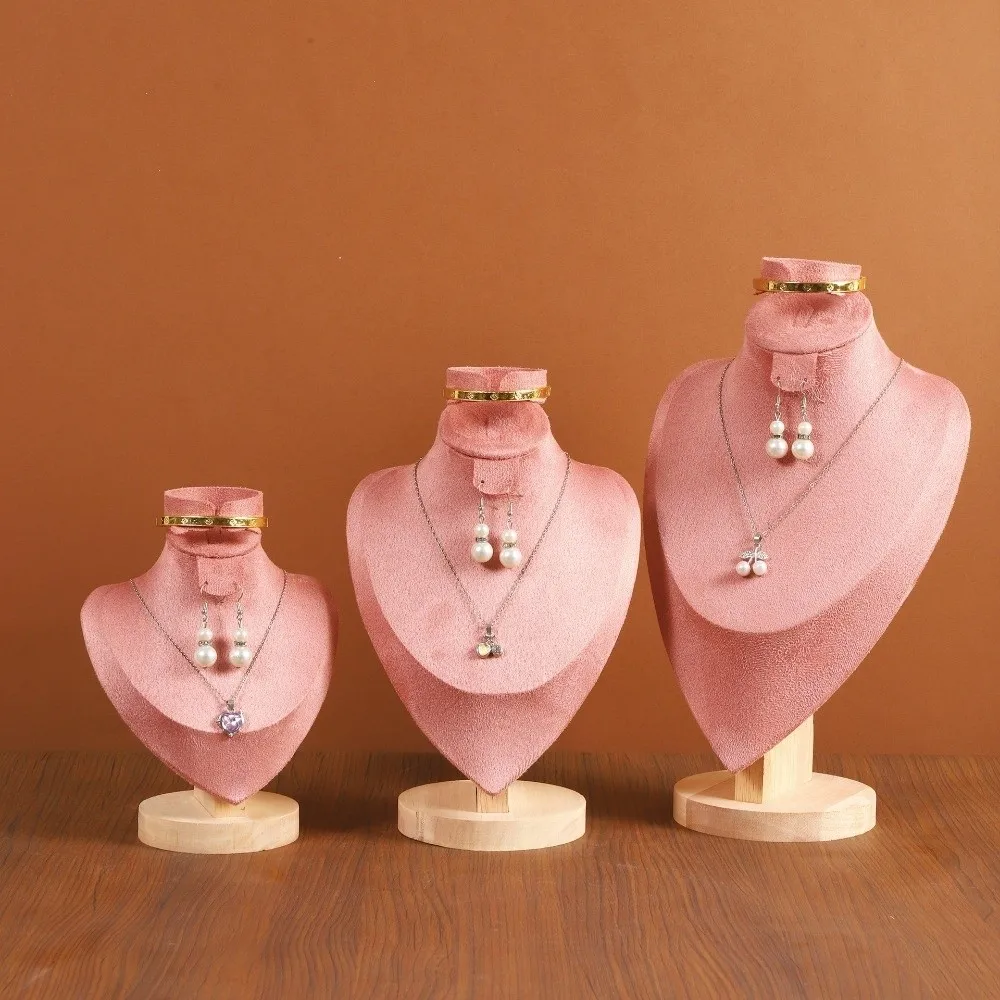 Solid Wood Jewelry Display Bust 3 In 1 Design Velvet Surface Necklace Mannequin Bust Human Neck Shape Pink Velvet Cover