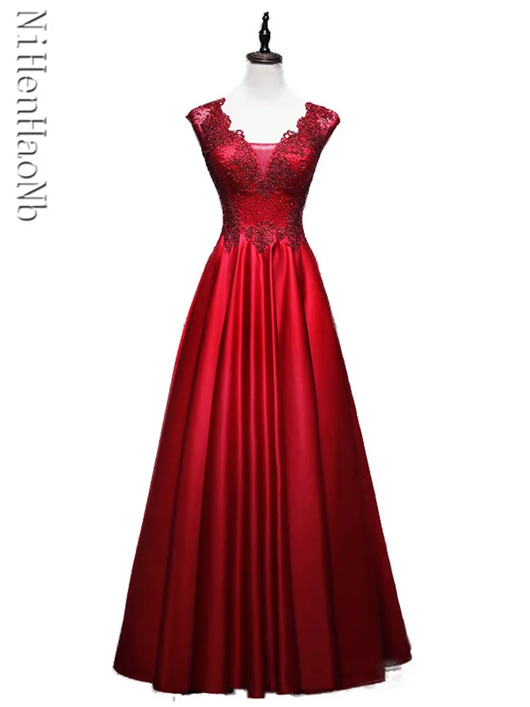 

Sexy V Neck Lace Appliques Burgundy Women Evening Dress Long Charming Sleeveless Lace Up Back Formal Party Dress