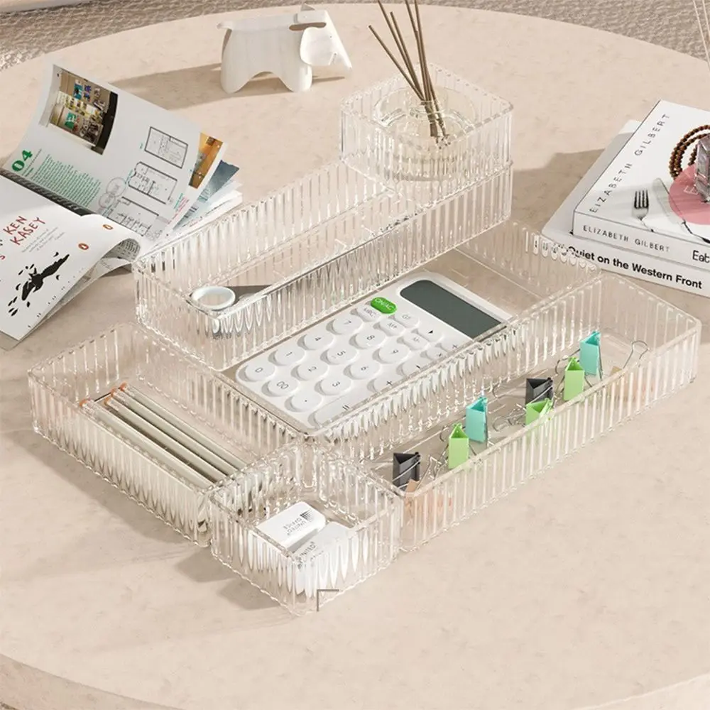 S/M/L/XL منظمات درج المكتب حاوية قرطاسية بلاستيكية مستطيلة غير محدودة صندوق تخزين شفاف مكتب المنزل