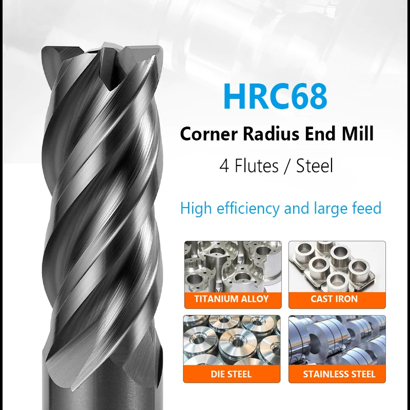 HRC68 4 ขลุ่ย CNC มุมรัศมี End Mill R Bullnose R0.5 R1 พื้นผิวเครื่องจักรกลโลหะ Router เครื่องมือทังสเตนเหล็กเครื่องตัดคาร์ไบด์