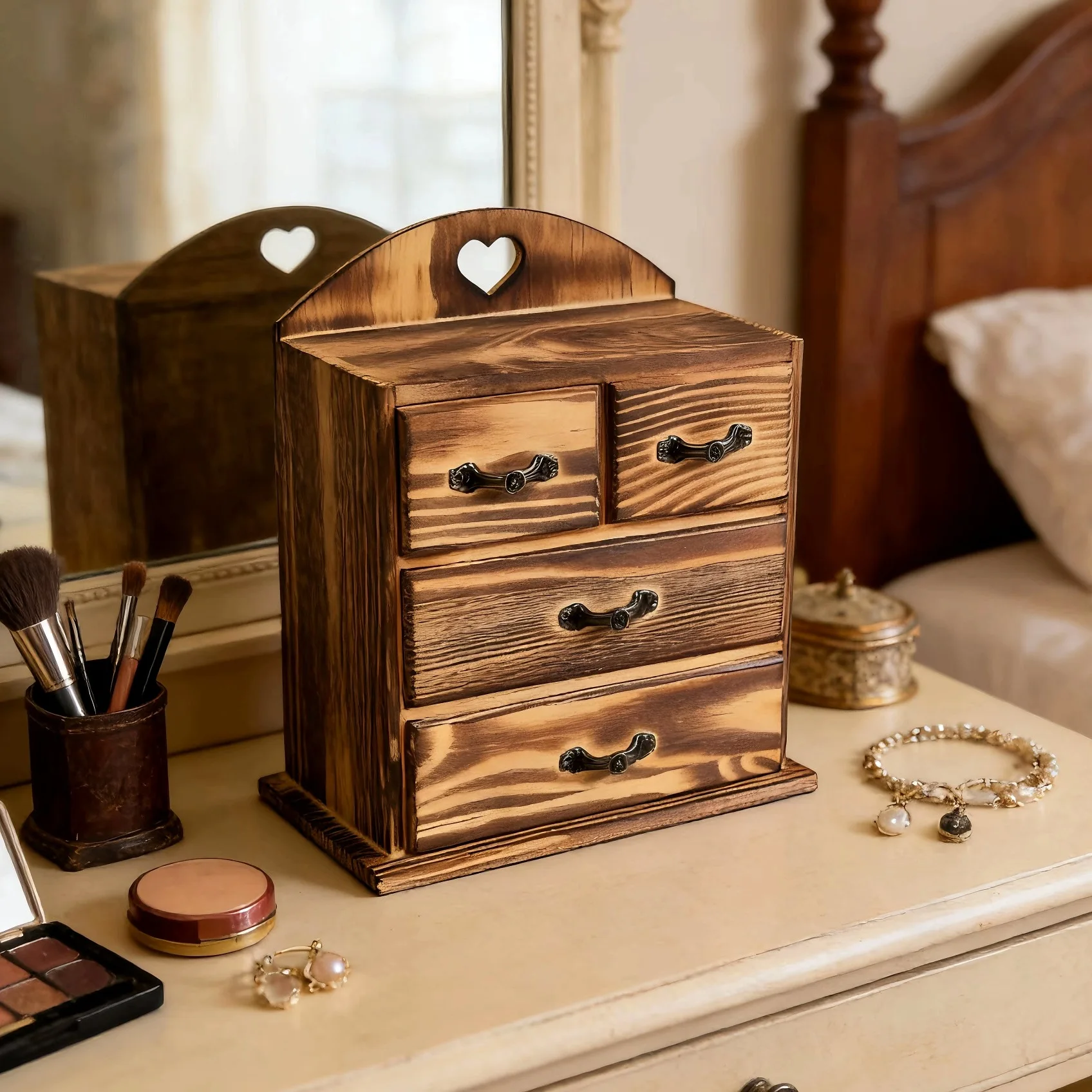 Rustic Wooden Jewelry Box 4 Drawer Vintage Organizer Large Capacity Storage Gift