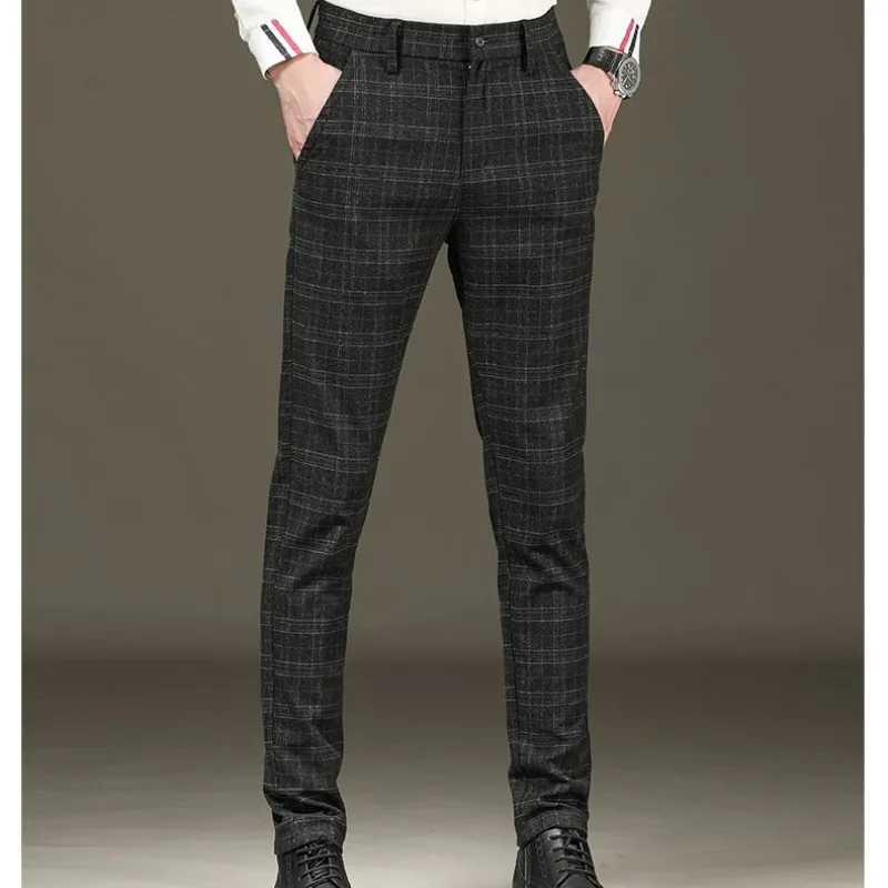 

Minimalist Business Casual 2024 Summer Men's New Patchwork Button Zipper Pocket Plaid Fashion Slim All-match Straight Leg Pants