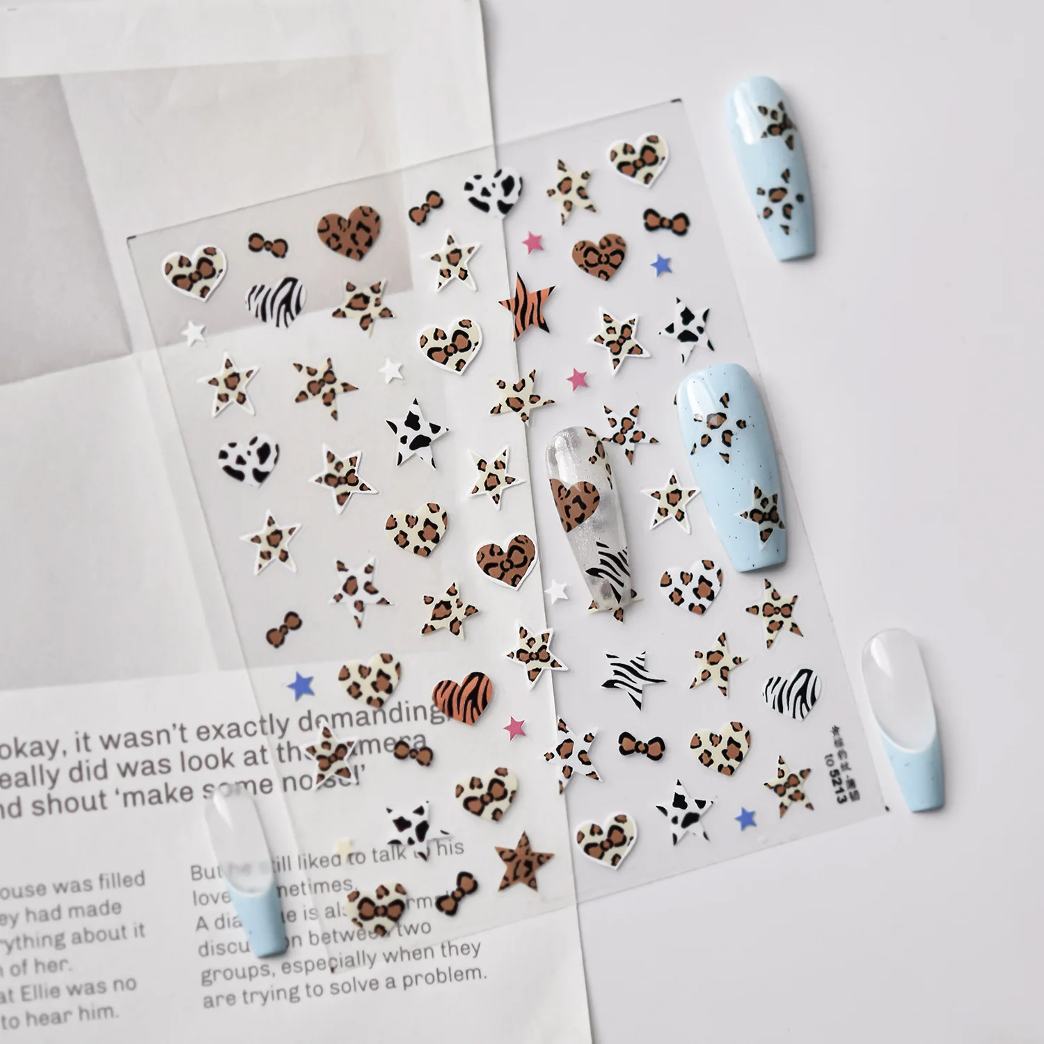 핑크 블루 황갈색 레오파드 프린트 보우 노트 스타 러브 하트 지브라 스트라이프 보우 타이 네일 아트 스티커 데코레이션 매니큐어 데칼