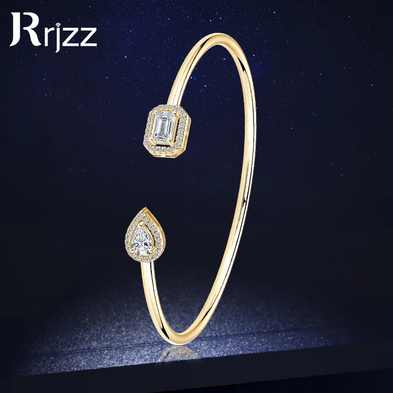 

Rrjzz 925 Sterling Silver Fashion Cuff Bangle D VVS1 4x6mm Pear & Emerald Cut Moissanite Bracelet for Women Fine Engagement Gift