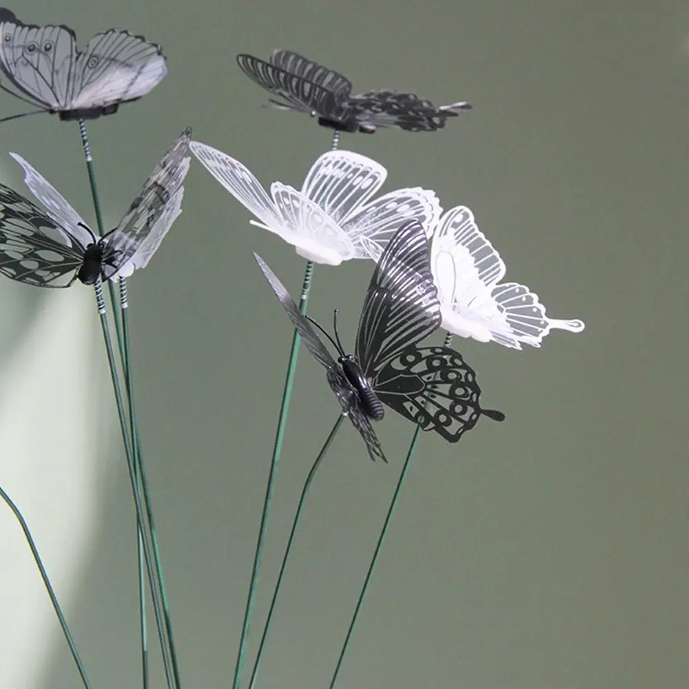 25PCS Black White Butterfly Garden Decorative Stakes Transparent Wings DIY Fake Butterflies Accessories 8cm Butterfly
