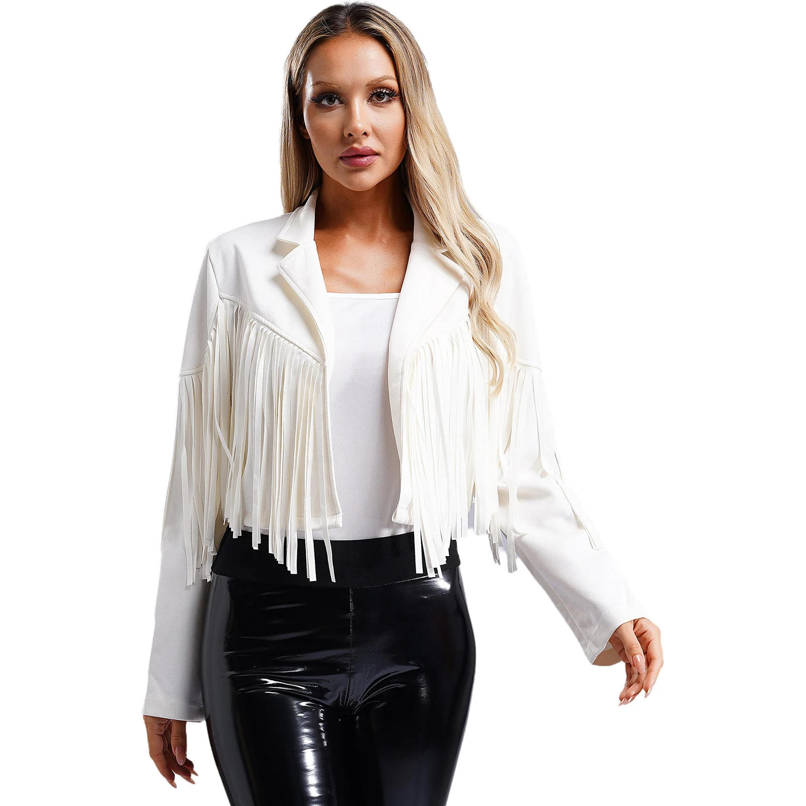 Womens Gothic 80s Hippie Coat Fringe Faux Suede Cropped Jackets Long Sleeve Open Front Cardigan Party Cowgirl Costume Outerwear