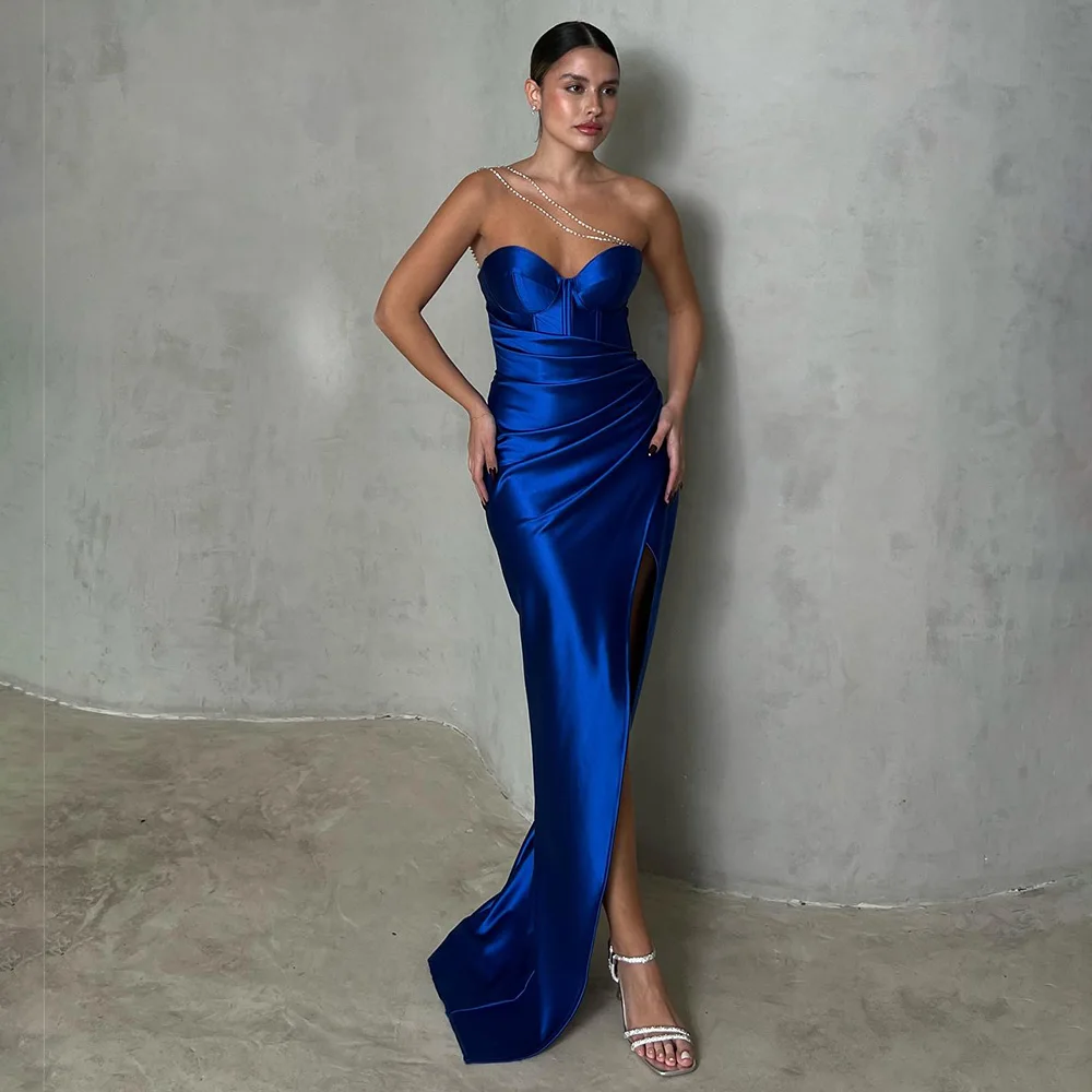 

Royal Blue Satin Prom Dress Beading One Shoulder Sweetheart Women's Prom Gown Long Criss-Cross Split Column Formal Evening Dress