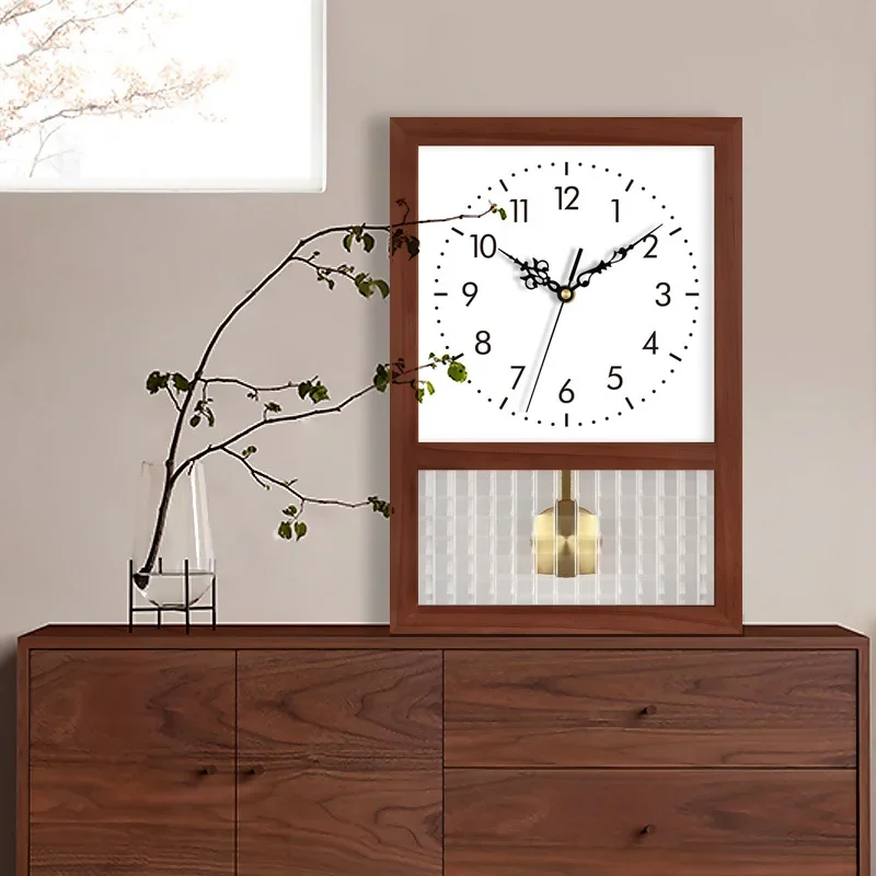 Japanese Retro Solid Wood Clock Household Living Room Bedroom Square Art Table Decoration Rocking Wall Clock Home Decoration