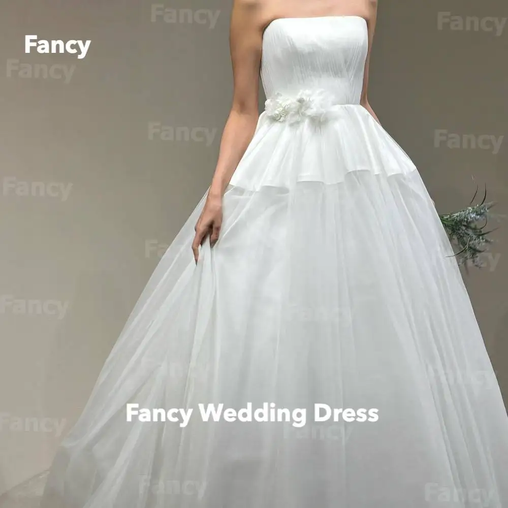Fancy Graceful Stapless Puff Satin Wedding Dress Korea Photo Shoot A Line Flower With Shawl Bridal Gown Floor Length Customized