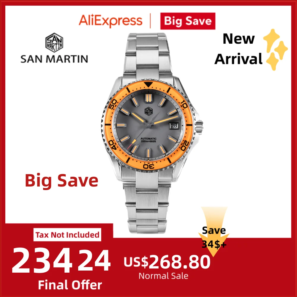 

San Martin Sapphire Bezel Enamel DialNH35 Men Watch Sports 3H Date 20Bar Waterproof BGW-X1 / Orange Luminous Wristwatch SN0129D
