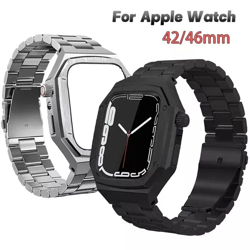 Premium Stainless Steel Metal Bezel Case + Strap AP Mod Kit for Apple Watch Series 10 46mm 42mm