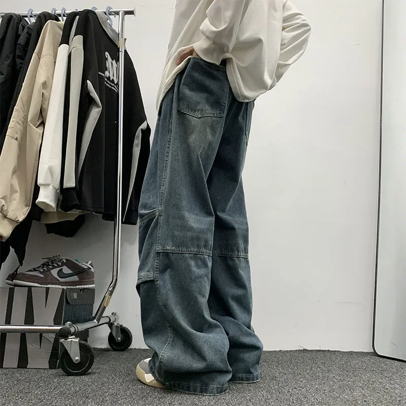 Men Jeans Trendy Straight Leg Denim Pants Classic Blue Hip Hop Street Trousers Harajuku Male Bottoms