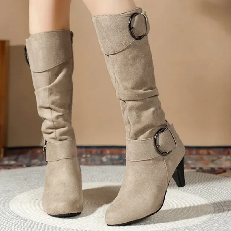 Autumn Fashion Womens Boots Side Zip Shoes Women Mid-calf Boots Pointed Tip Ladies High Heels Suede Botas De Invierno Para Mujer