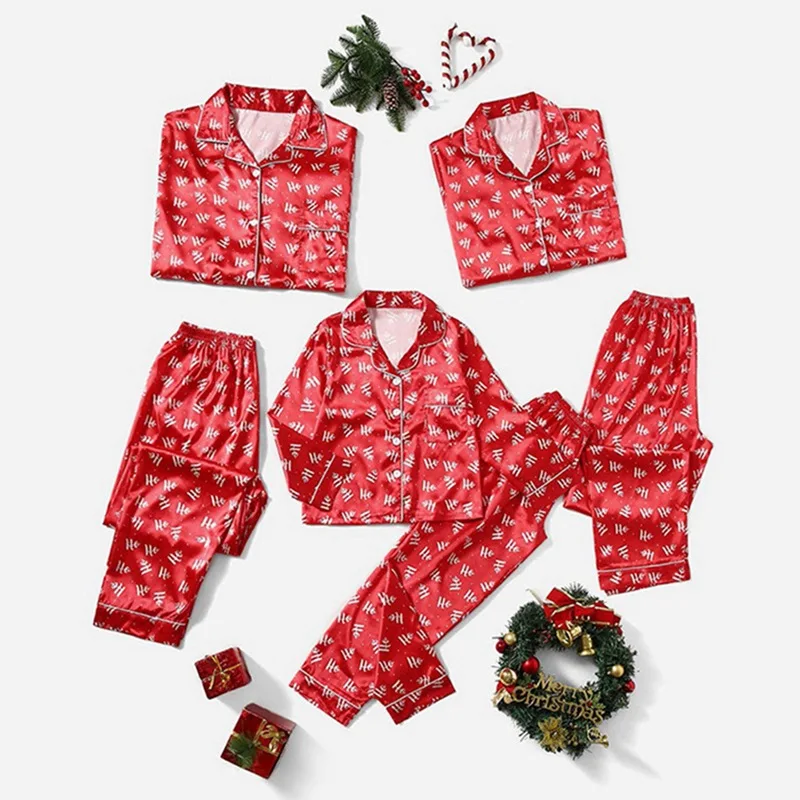 Christmas Pijamas Outfit Silk Casual Parent-child Wear Family Matching Satin Pajamas Set Dad Mom and Me Home Clothes Suit