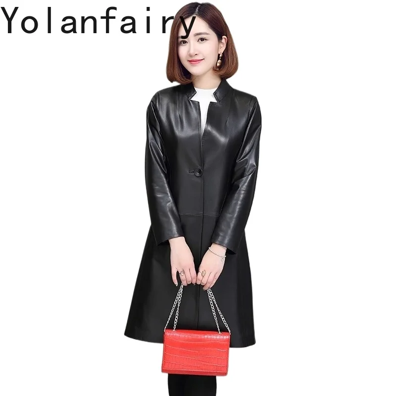 YOLANFAIRY High Quality Real Sheepskin Leather Tench Coat Woman Spring Autumn Mid-length Genuine Leather Jacket Women Slim-fit