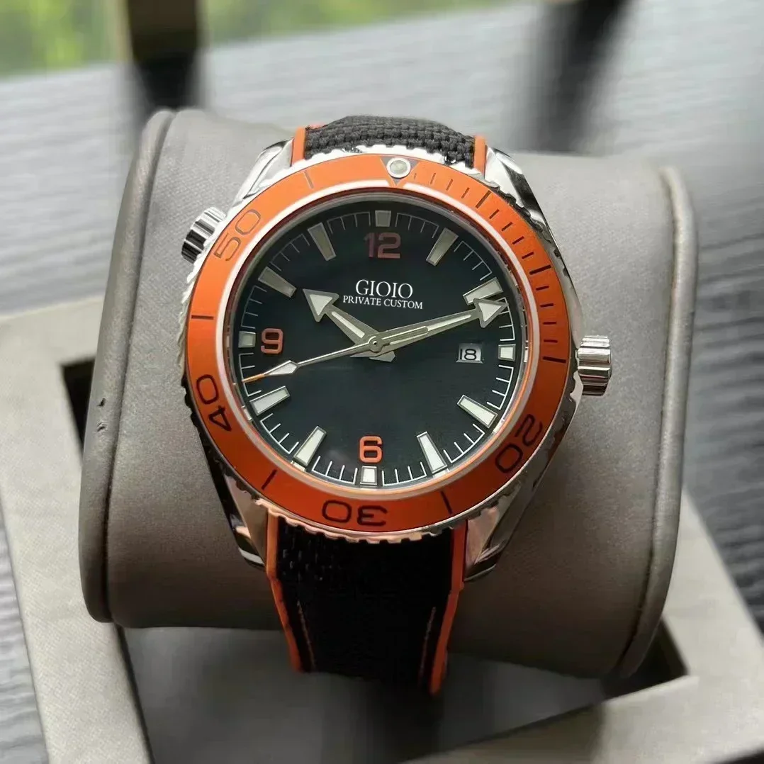 Luxury Men's Automatic Mechanical Watch Stainless Steel Orange Ceramic Bezel Black White Rubber Canvas Glass Back Wristwatch