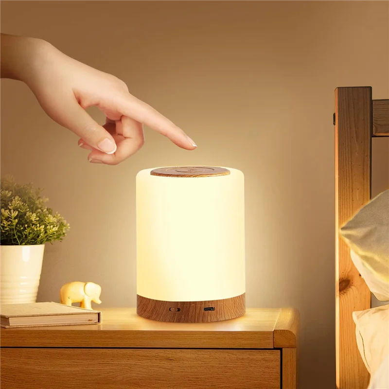 LED Bedside Lamp Touch Dimmable with 7 Colours and 4 Modes Wood Grain Night Light USB Rechargeable Table Lamp