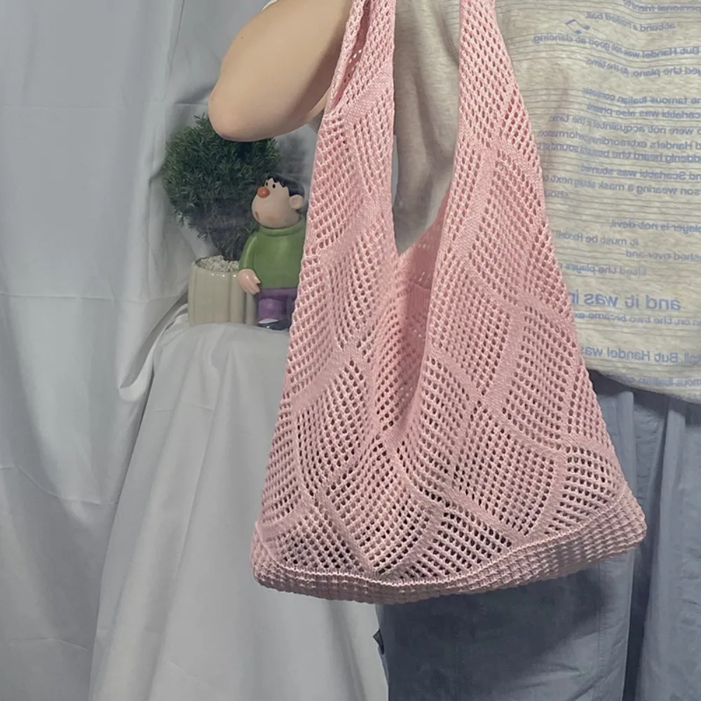 

Fashion Washable Hollow Knit Tote Bag Foldable Large Capacity Woven Shopping Bag Casual Simple Shoulder Bag Beach