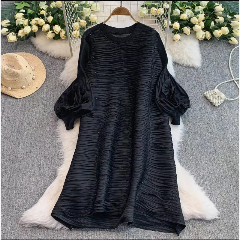 ชุดเดรสพลีทพลัสไซส์ Miyake แฟชั่นพลีทสไตล์แอฟริกันสำหรับผู้หญิง ทรงหลวม ประดับลูกปัด ดีไซน์เรียบง่าย ยาว ยืดได้ เหมาะสำหรับงานพรอม