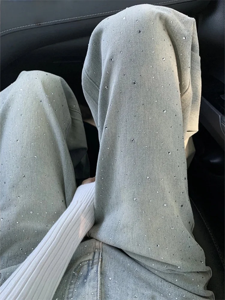 

Light Wash plus Size Denim Jeans Women's Spring 2026 High Waist Flattering Shiny Wide Leg Pants Glittering Diamond Embellished