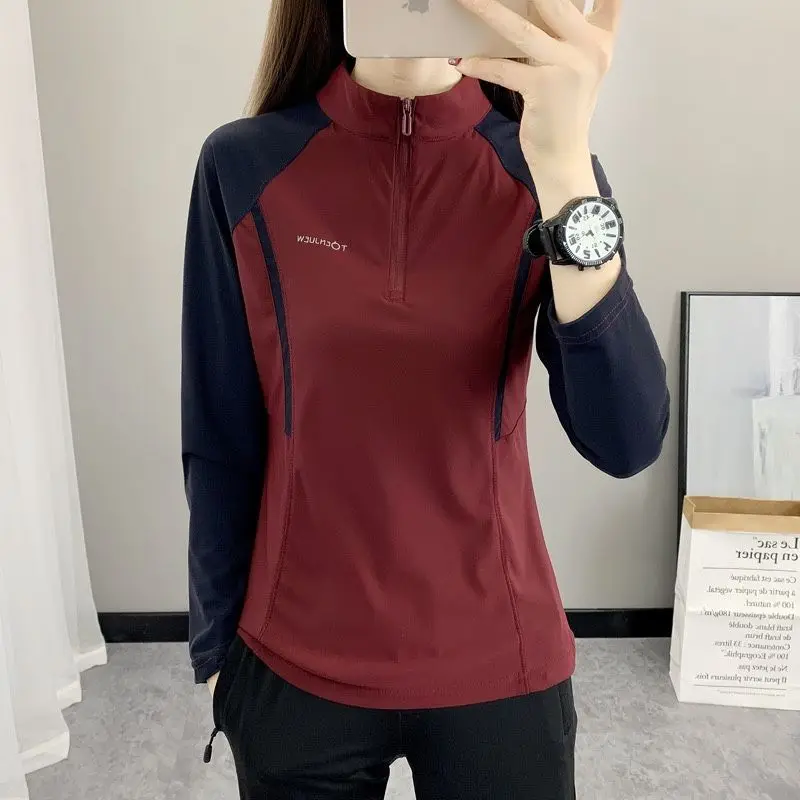 

Color-blocked Quick-drying Long-sleeved T-shirt Women Autumn Thin Stand-up Collar Sweat-absorbent Breathable Outdoor Sports Top
