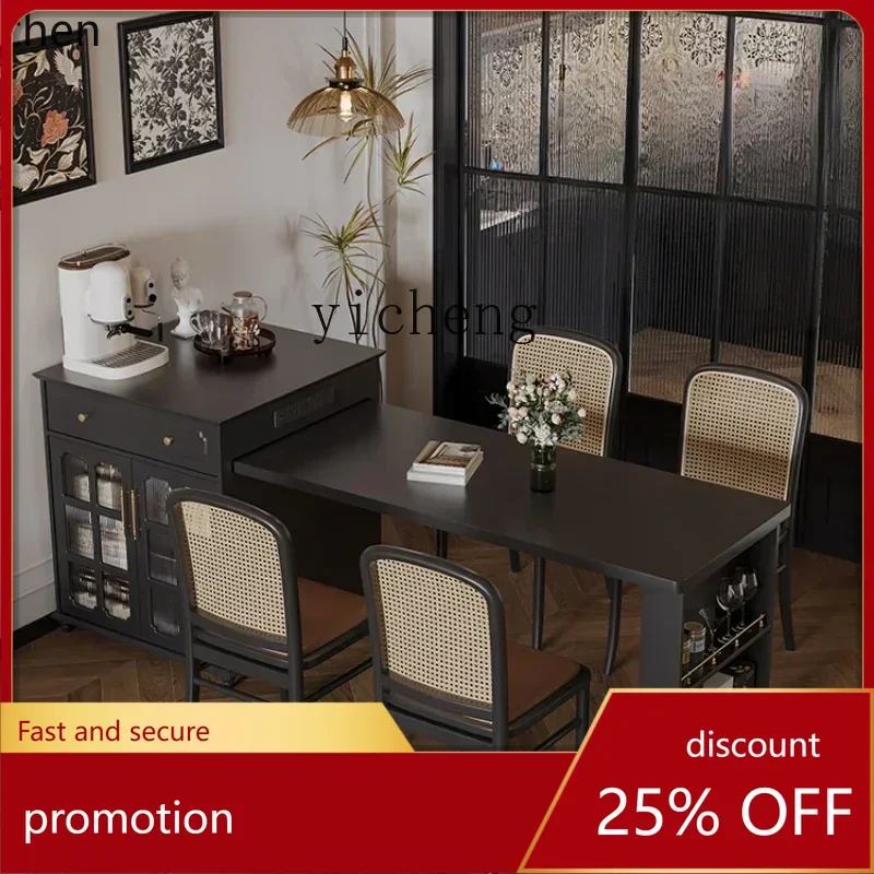 

ZMLretro solid wood island integrated dining table household retractable multi-functional dining table tea table dual-purpose