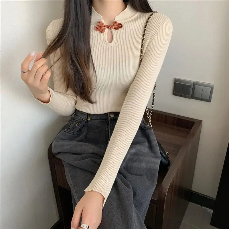 Chinese Style Lady Standing Collar long-sleeved Sweater Spring New Vintage Bottom Shirt Slim Women Improved Cheongsam Top