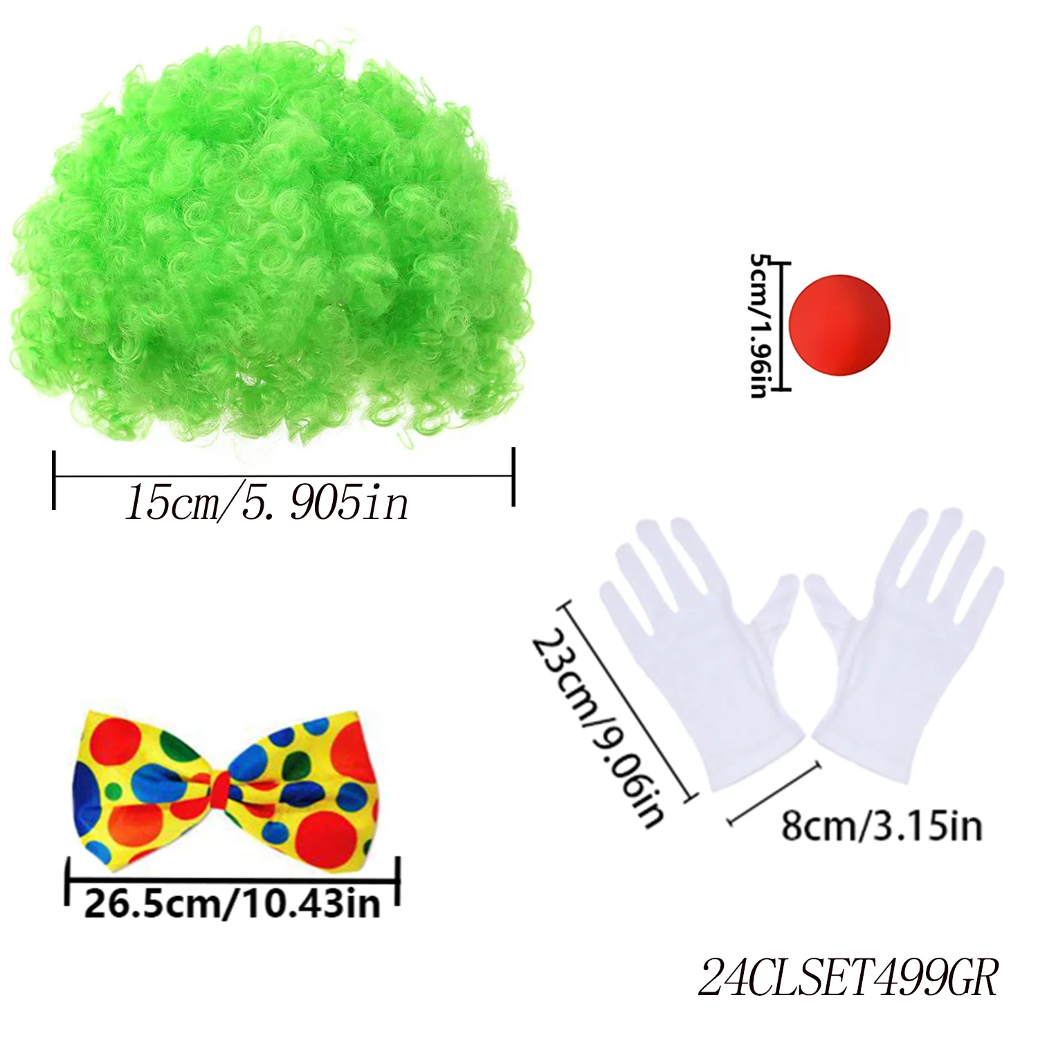 Clown-Kostümzubehör: grüne Perücke, Fliege, weiße Handschuhe und rote Nase, geeignet für Partyrollenspiele mit Zirkusmotiv.