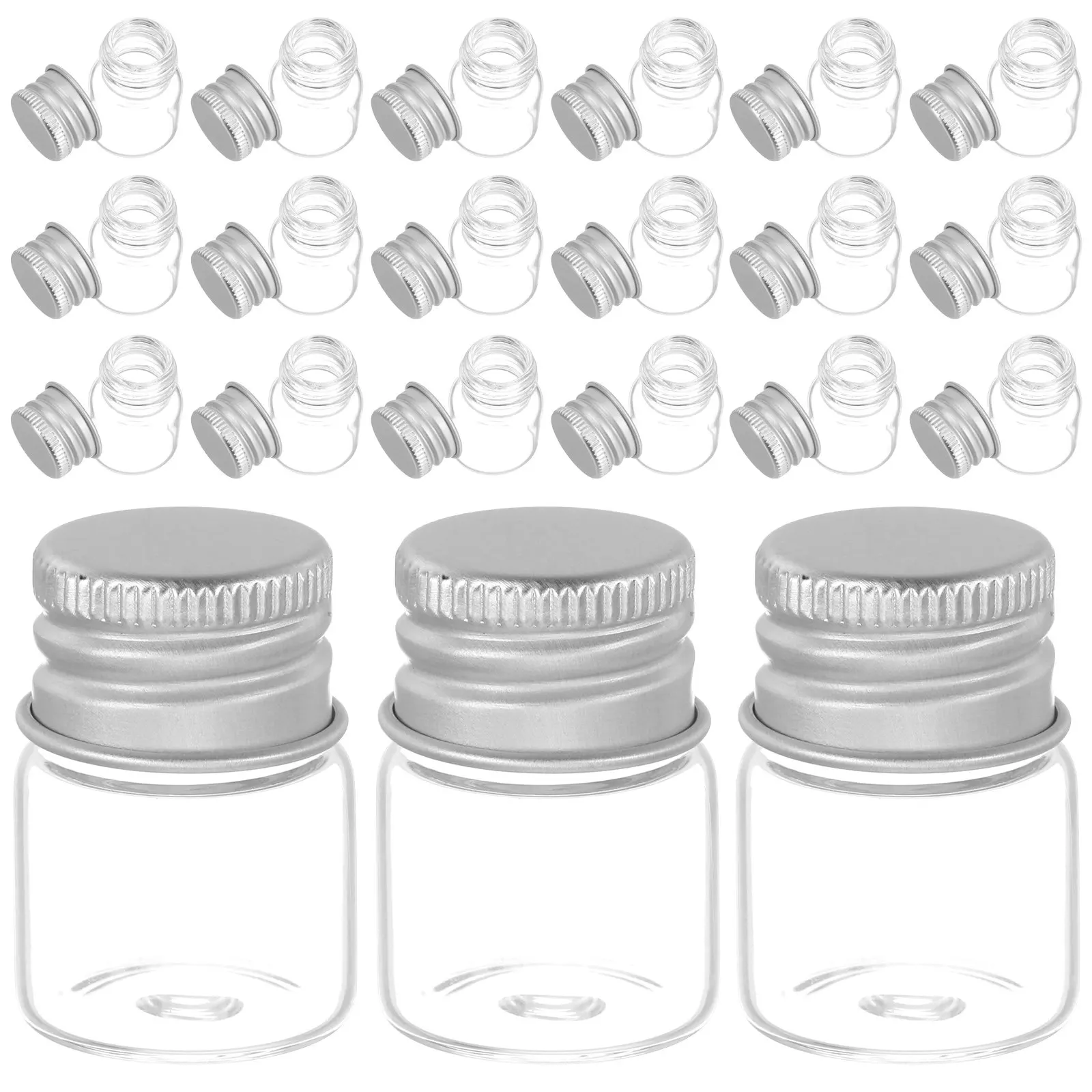 

48 шт. пустых прозрачных стеклянных флаконов 5 мл, маленькие круглые виалы с алюминиевыми герметичными крышками для хранения жидкостей, образцов парфюмерии, DIY-проектов