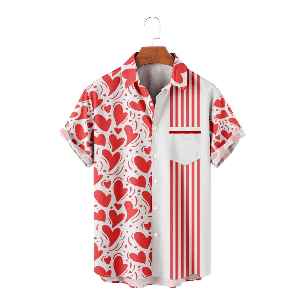 Men's Casual Hawaiian Shirts Love Print Short Sleeve Love Heart White Shirts Cool Summer Tops Breathable