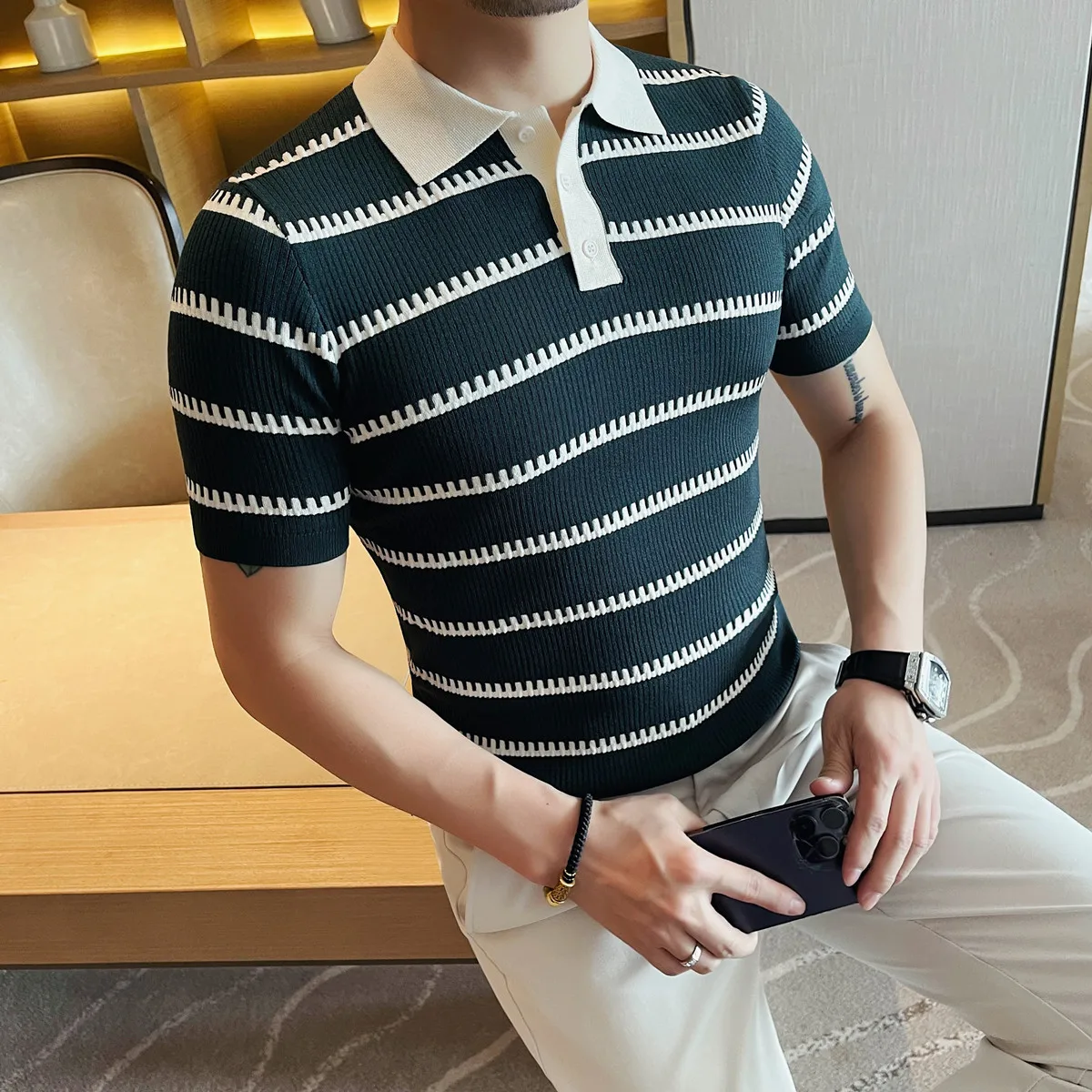 

Coolness Premium Knitted Polo Shirts For Men Striped Print Silky Summer Quality Soft Comfortable Stretchy Tops Camisas De Hombre