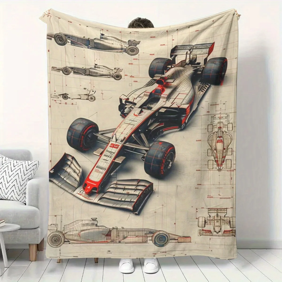 JIT F1 Blueprint Flannel Blanket 2D Flat Print Sleek Home Essential Bedroom Couch Blanket Stylish Functional Cozy Racing-Themed