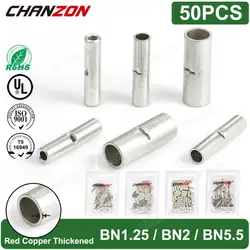 50PC BN1.25 BN2 BN5.5 Tinned Red Copper Non Insulated Butt Joint Wire Connector Kit Crimp Splices Cable Sleeve Terminal 22-10Awg