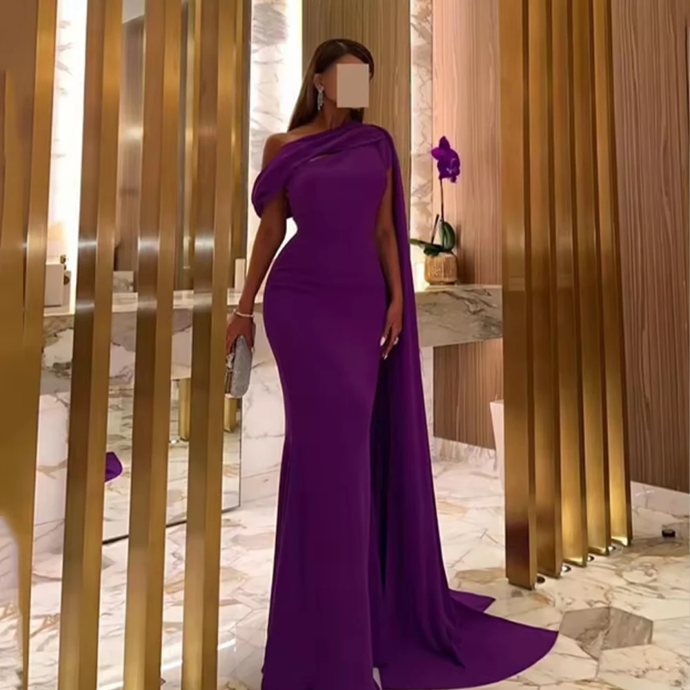 サウジアラビアイブニングドレス ケープ付き ワンショルダー フォーマルウエディングドレス パープル マーメイド ロング 結婚式のゲストパーティードレス カスタマイズ