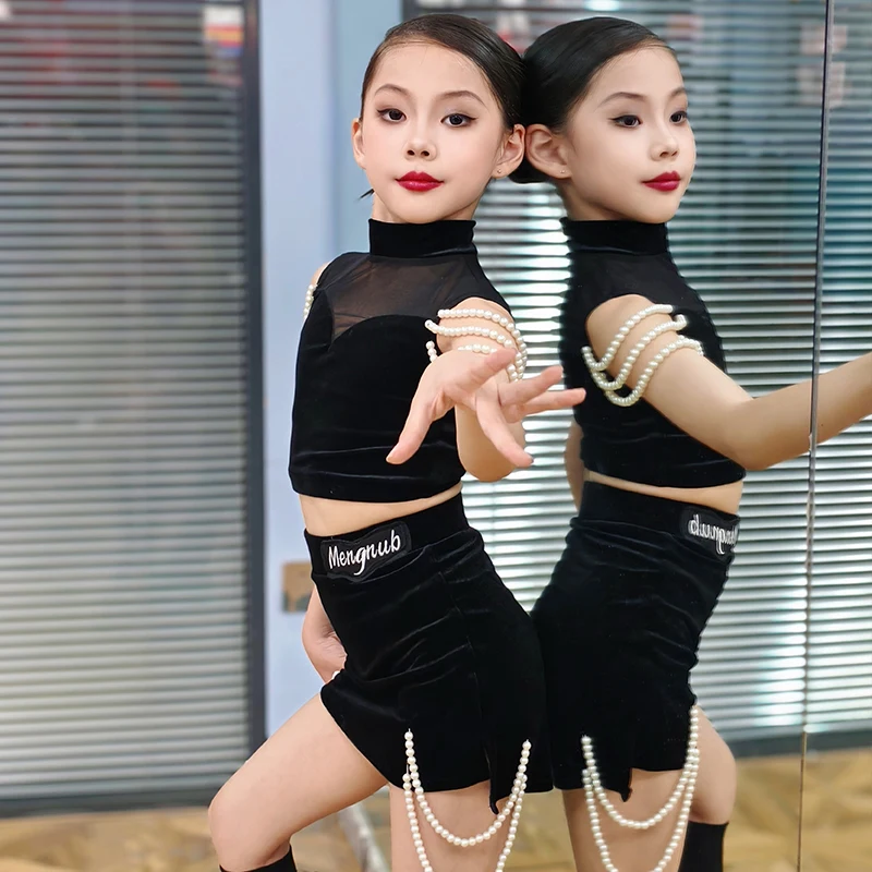 Roupas de dança latina de veludo sem mangas para meninas e meninos ternos de prática de detalhes de pérola para primavera verão prática de dança